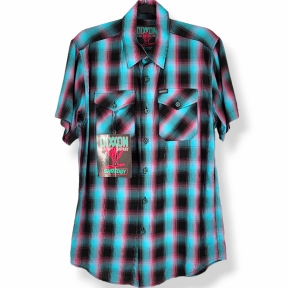 DIXXON Shreddy Bamboo Short Sleeve Plaid Button Up Blue, Pink